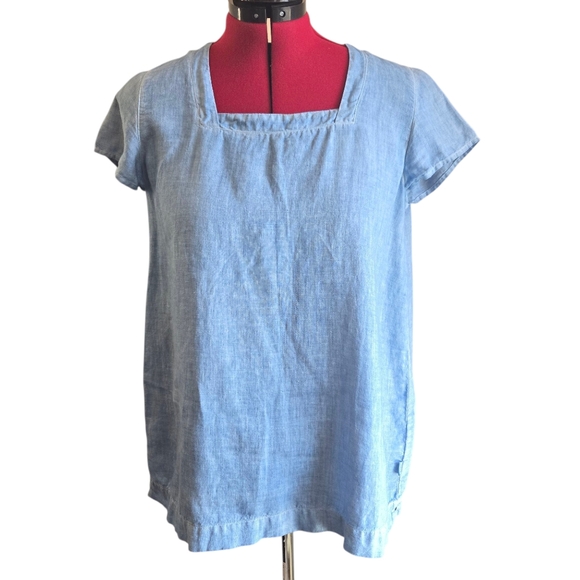 ELEMENTE CLEMENTE 100%Linen Flax Relaxed Boxy  Short Sleeve Lagenlook Top*Blue - Picture 3 of 14